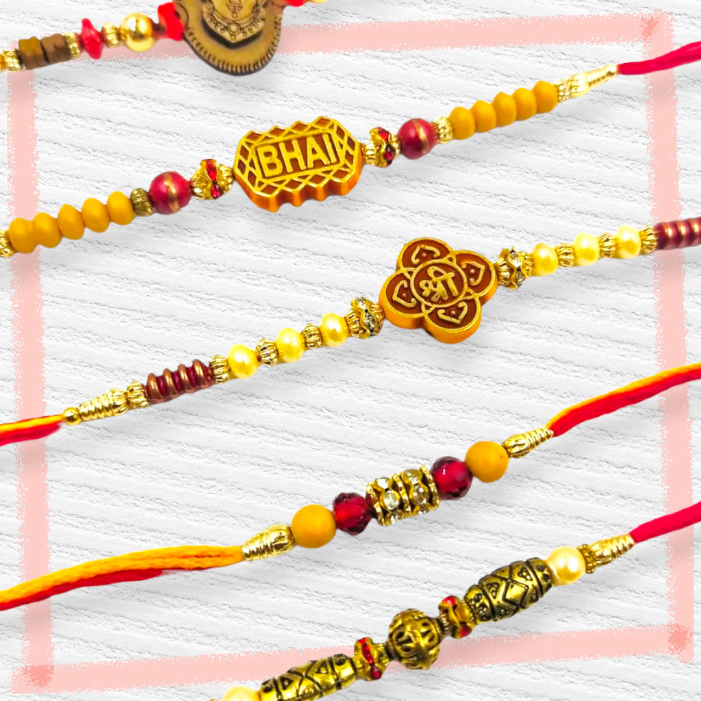 Wrap Shap Set 2: Set of 5 Designer Rakhis - Bhai, Ganesh & More