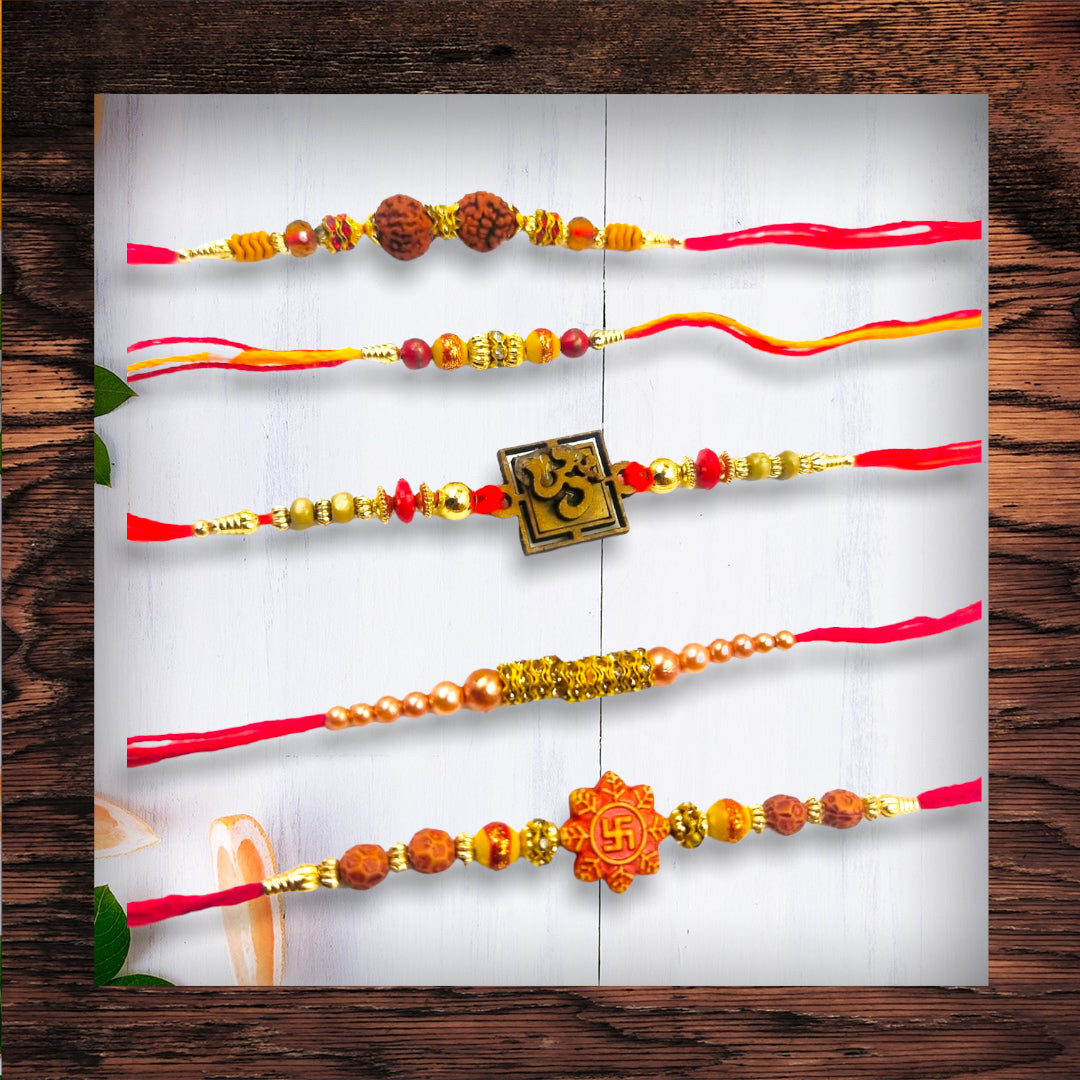 Wrap Shap Set 3: Set of 5 Designer Rakhis - Om, Swastik & More