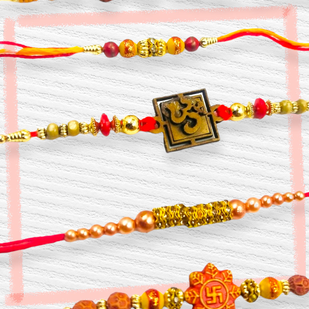 Wrap Shap Set 3: Set of 5 Designer Rakhis - Om, Swastik & More