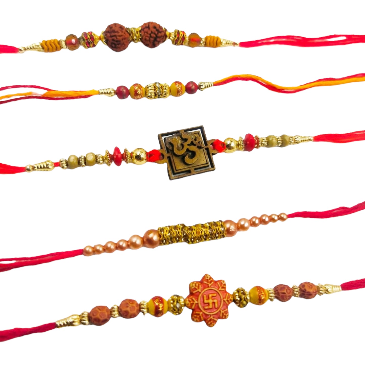 Wrap Shap Set 3: Set of 5 Designer Rakhis - Om, Swastik & More