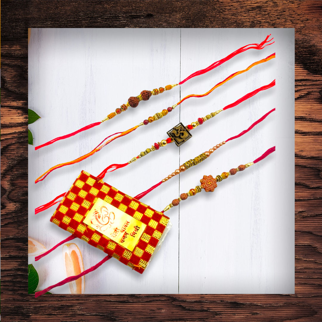 Wrap Shap Set 3: Set of 5 Designer Rakhis - Om, Swastik & More