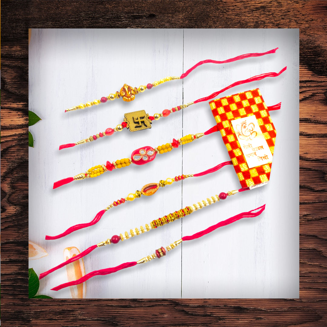 Wrap Shap Set 4: Set of 6 Designer Rakhis - Ganesh, Swastik & More