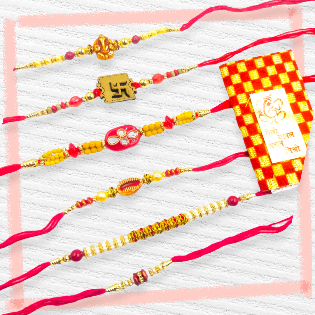 Wrap Shap Set 4: Set of 6 Designer Rakhis - Ganesh, Swastik & More