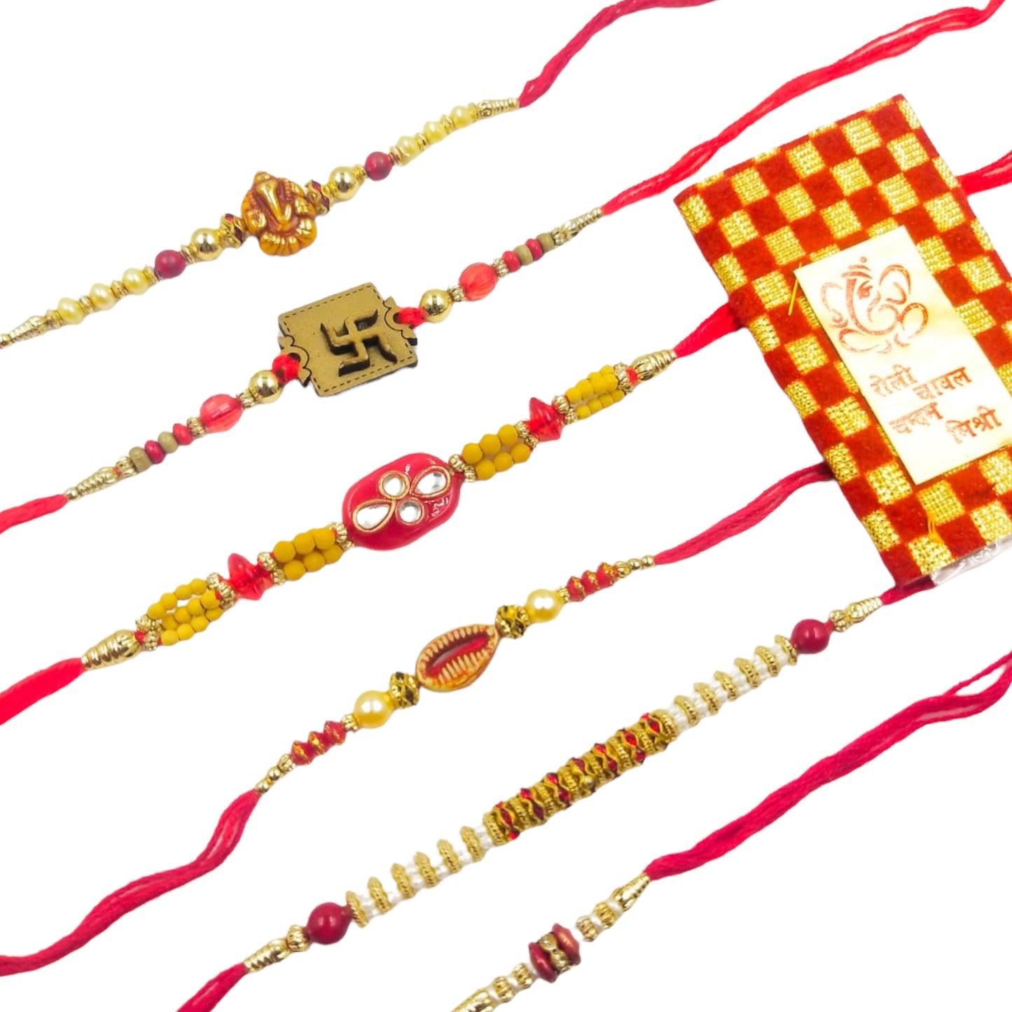 Wrap Shap Set 4: Set of 6 Designer Rakhis - Ganesh, Swastik & More