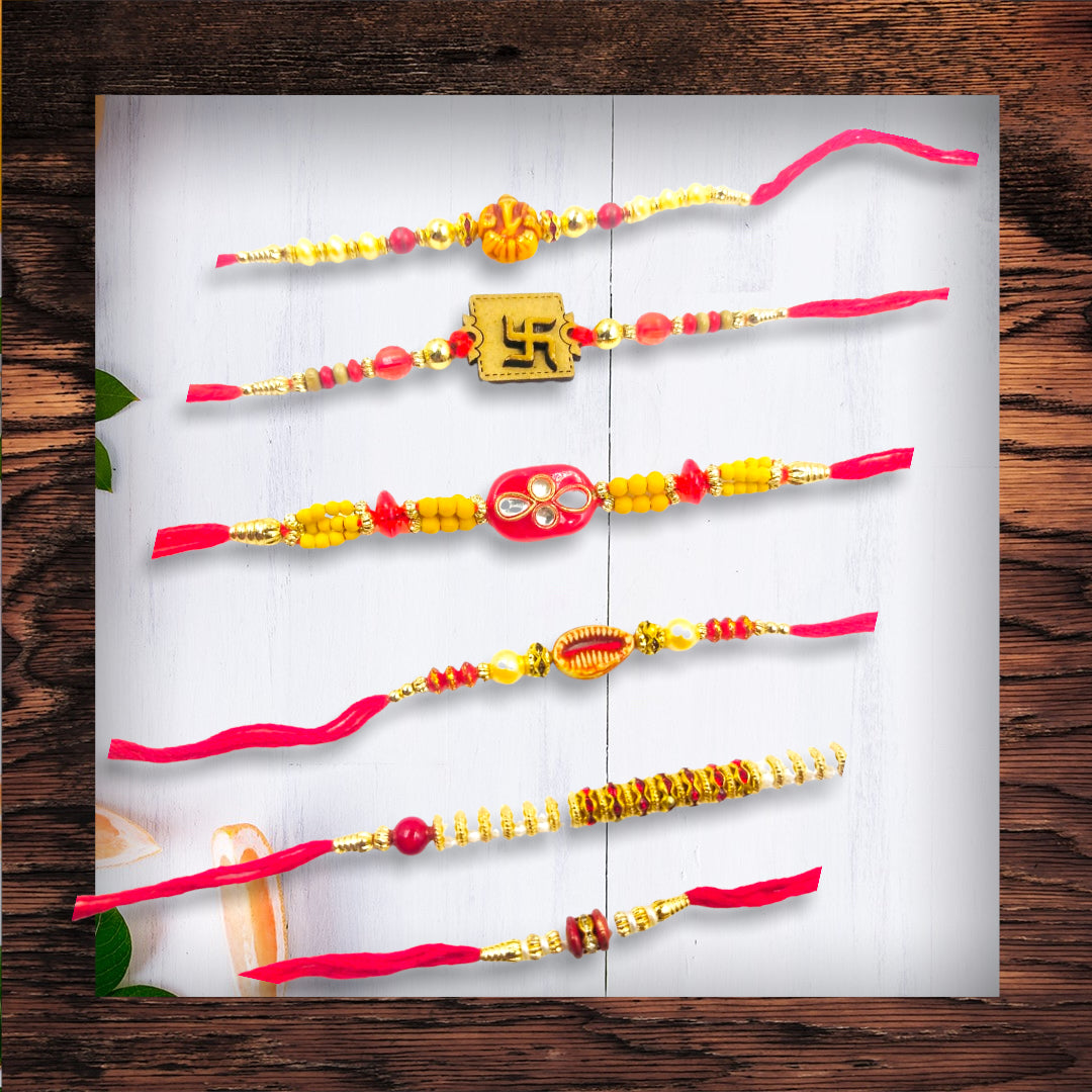 Wrap Shap Set 4: Set of 6 Designer Rakhis - Ganesh, Swastik & More