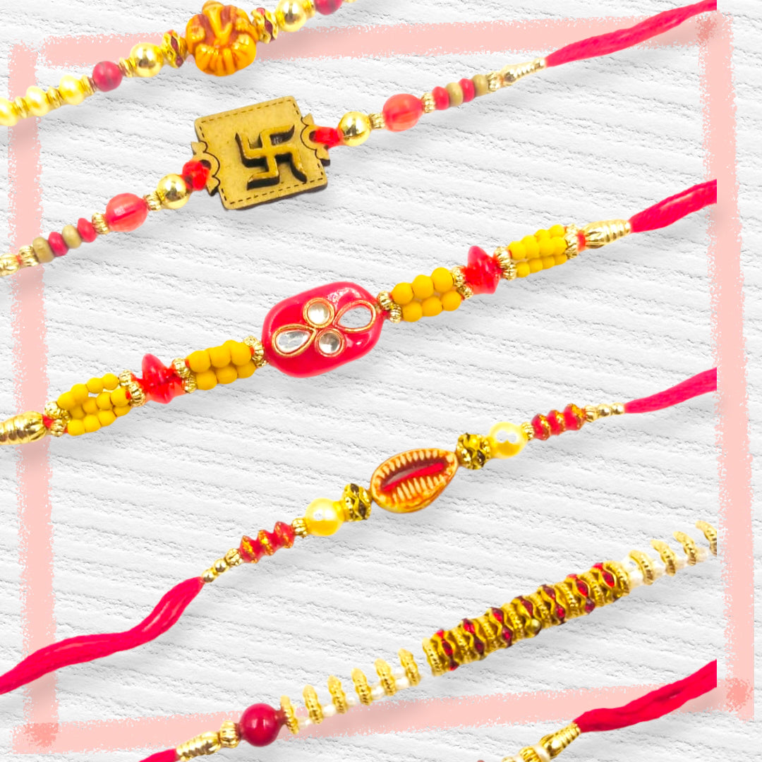 Wrap Shap Set 4: Set of 6 Designer Rakhis - Ganesh, Swastik & More