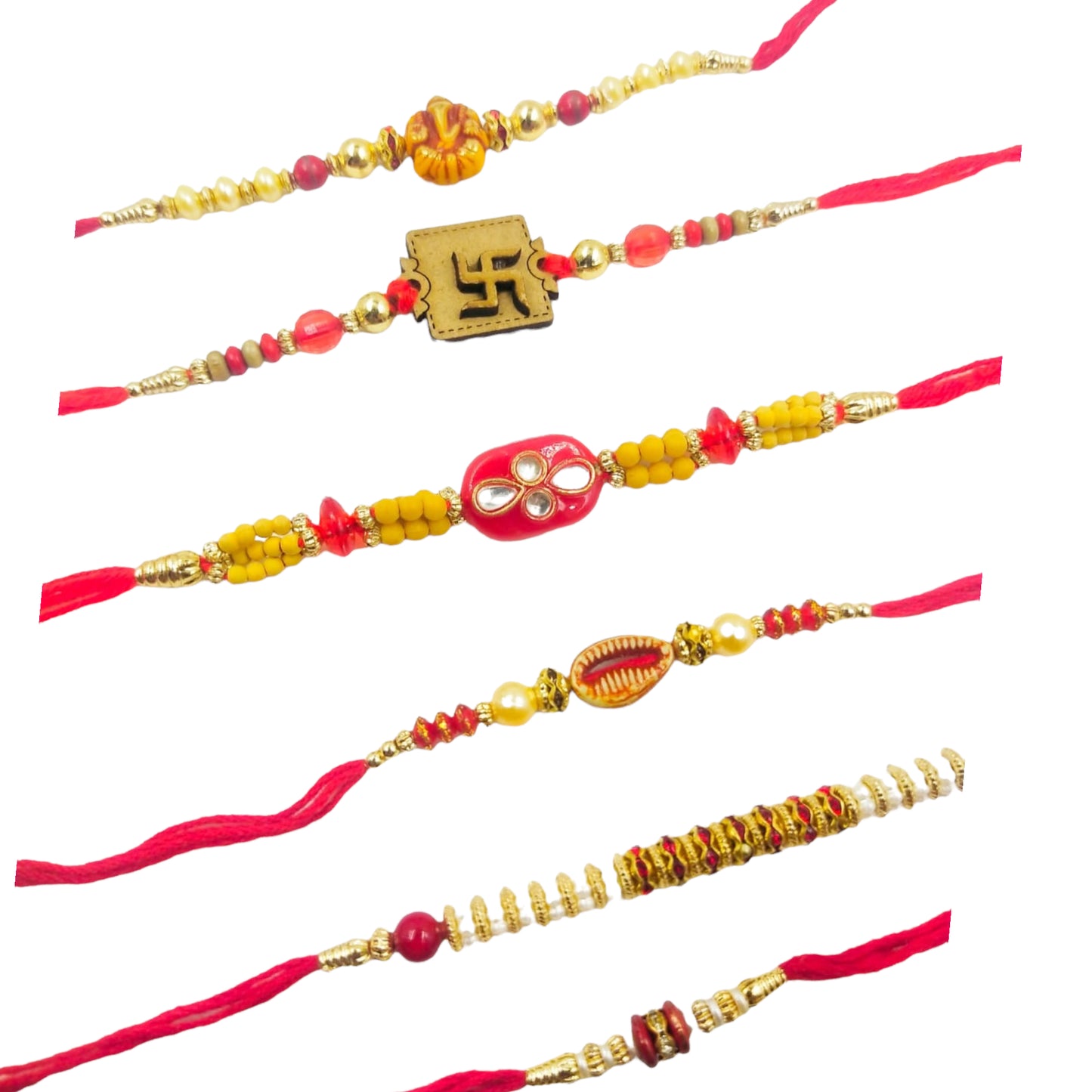 Wrap Shap Set 4: Set of 6 Designer Rakhis - Ganesh, Swastik & More