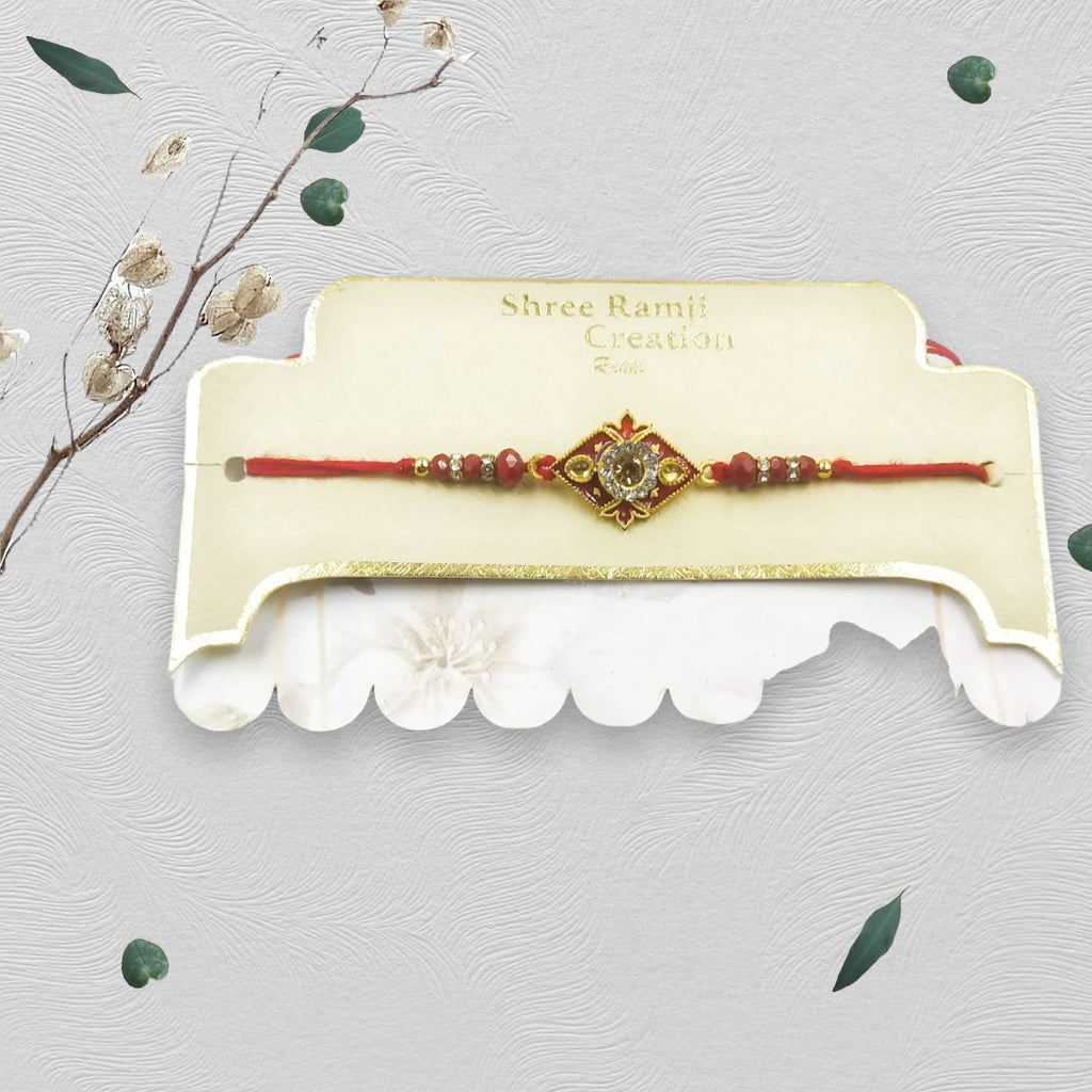 Wrap Shap Y11 Heavy Rakhi with Red Beads and Golden Stone Centre, Comes with Roli Chawal