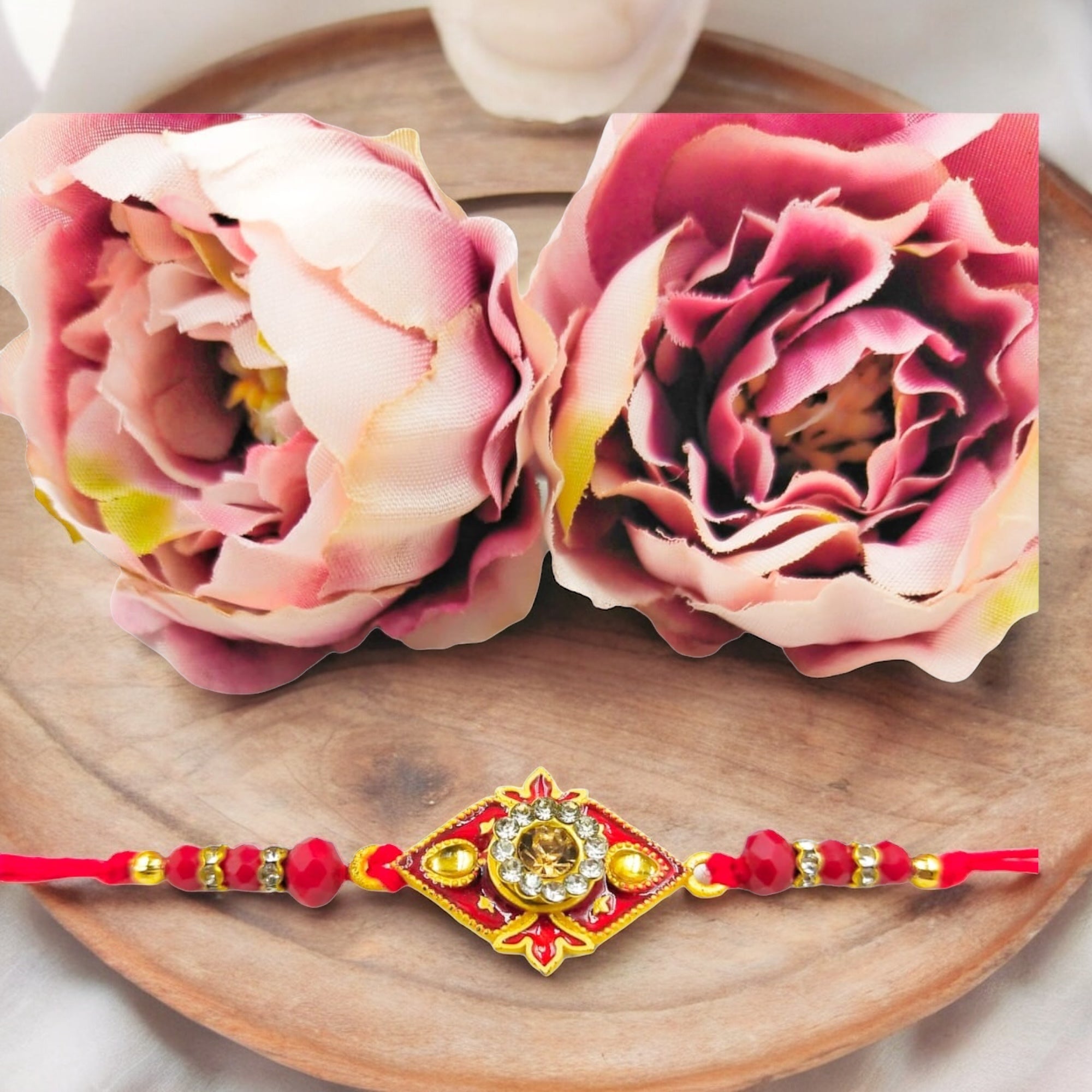Wrap Shap Y11 Heavy Rakhi with Red Beads and Golden Stone Centre, Comes with Roli Chawal