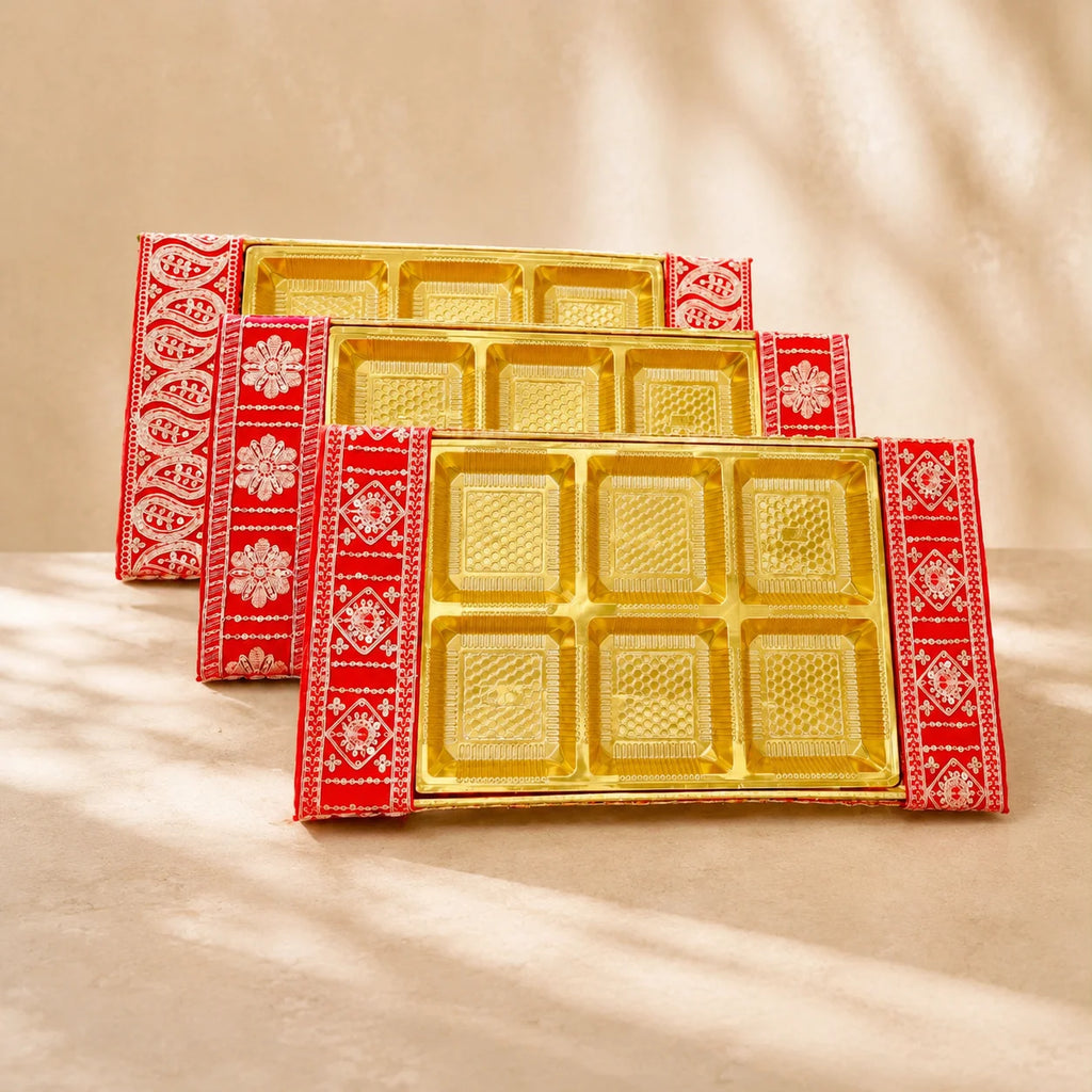 Elegant rectangular gift tray available in 9x14 inch, 10.5x15.5 inch, and 9x18 inch sizes for dry fruits, chocolates, sweets, gourmet snacks, and luxury gift presentations.