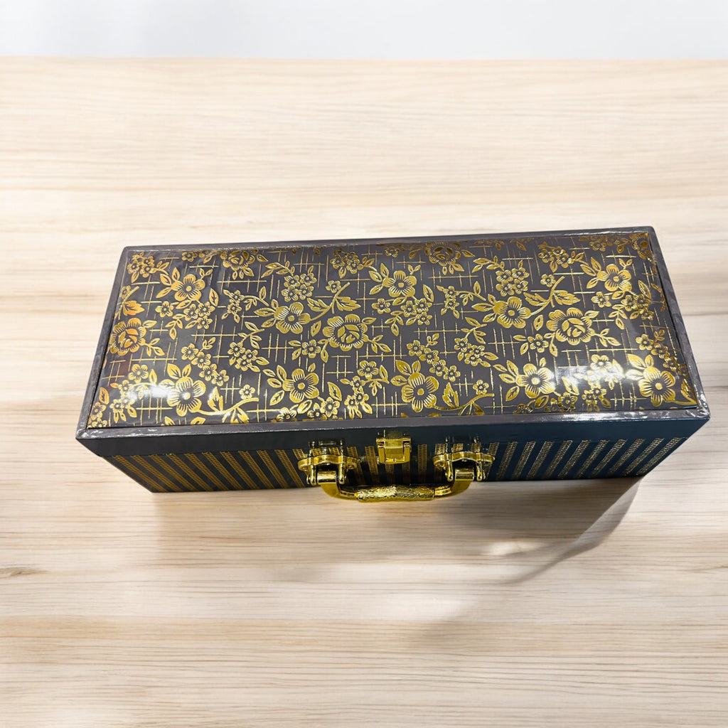 Green and brown rexin dry fruit gift box with gold foil detailing, 3 airtight glass jars, premium gifting solution for weddings, festivals, and corporate events.