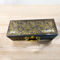 Green and brown rexin dry fruit gift box with gold foil detailing, 3 airtight glass jars, premium gifting solution for weddings, festivals, and corporate events.