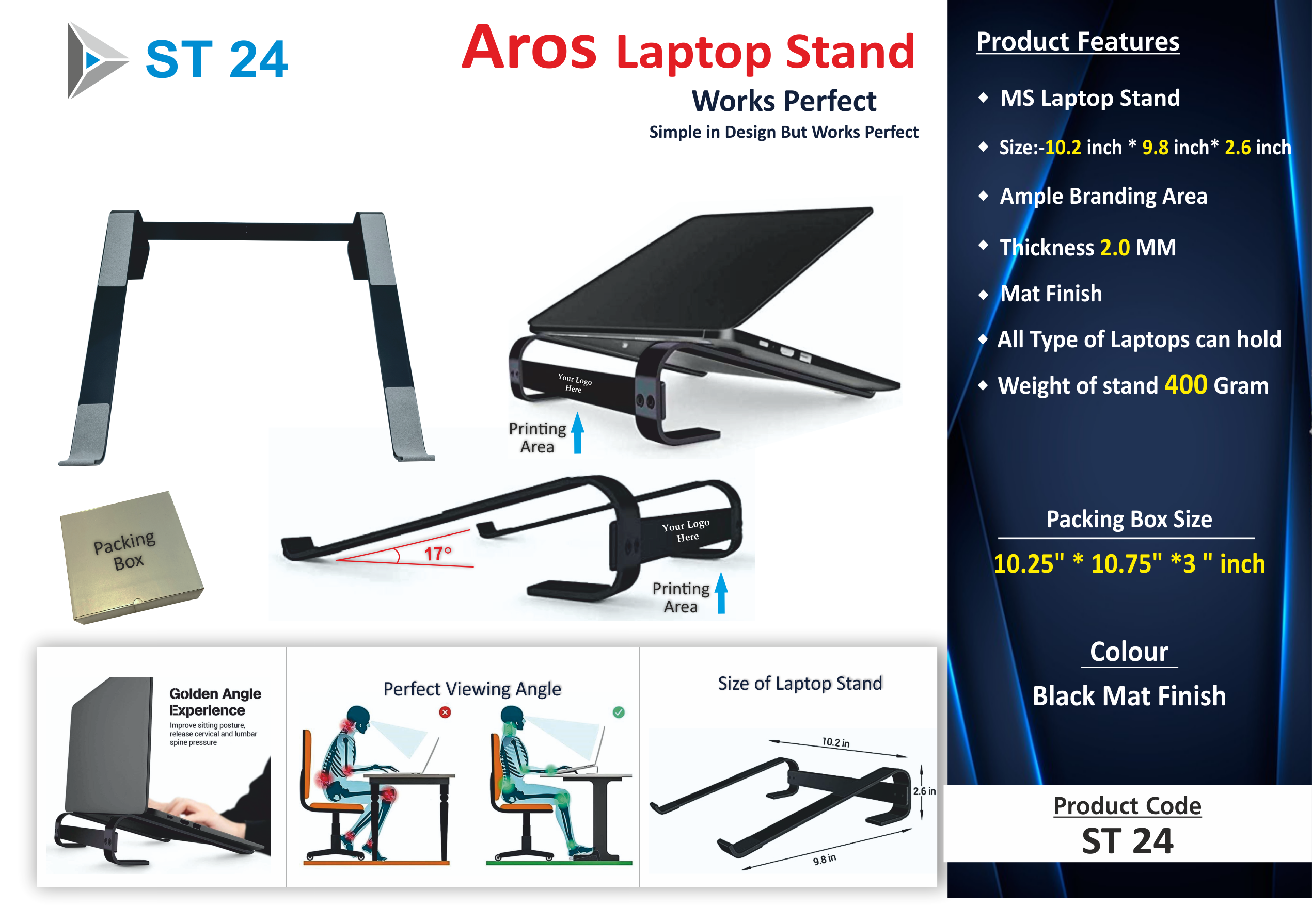 Ergonomic laptop stand in black finish for executives