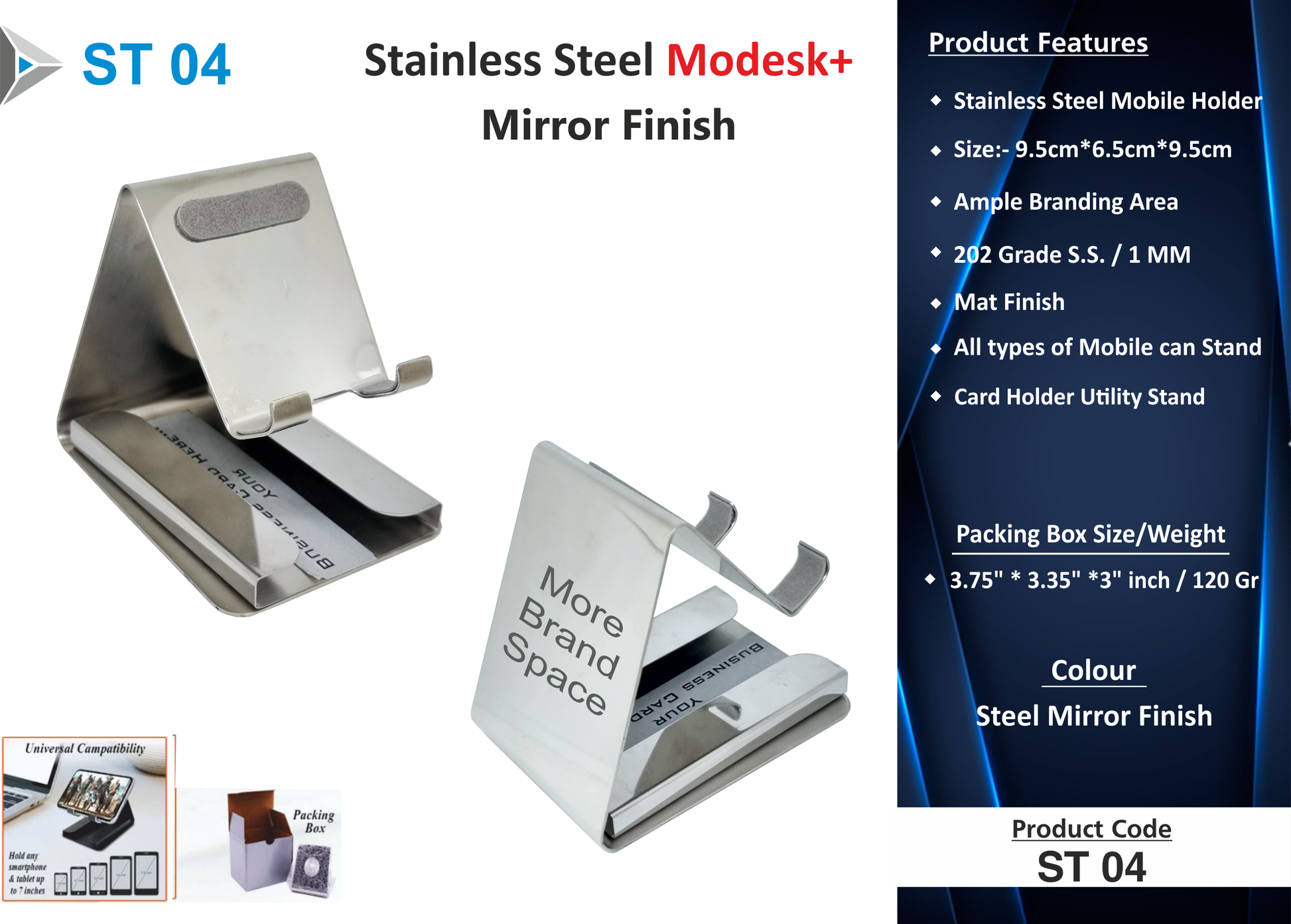 Steel mirror matte finish mobile stand with card holder corporate gift