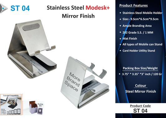 Steel mirror matte finish mobile stand with card holder corporate gift