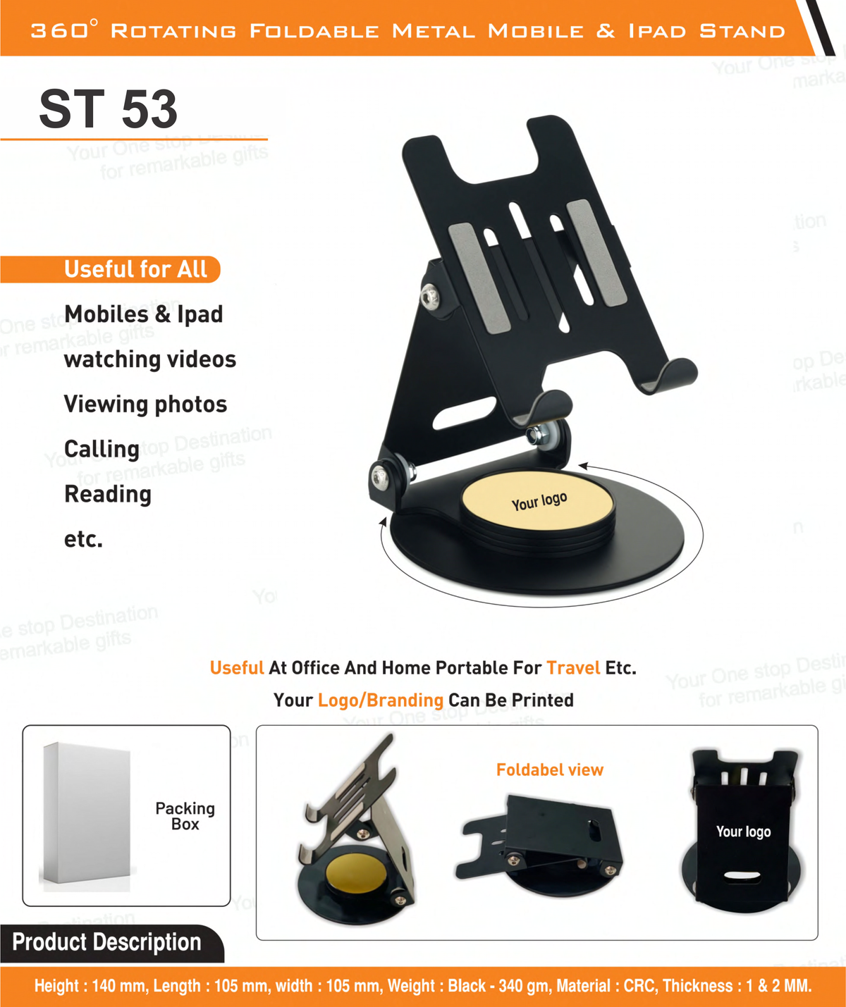 Black 360° Foldable Mobile Stand | Corporate Desk Gift with Branding ...
