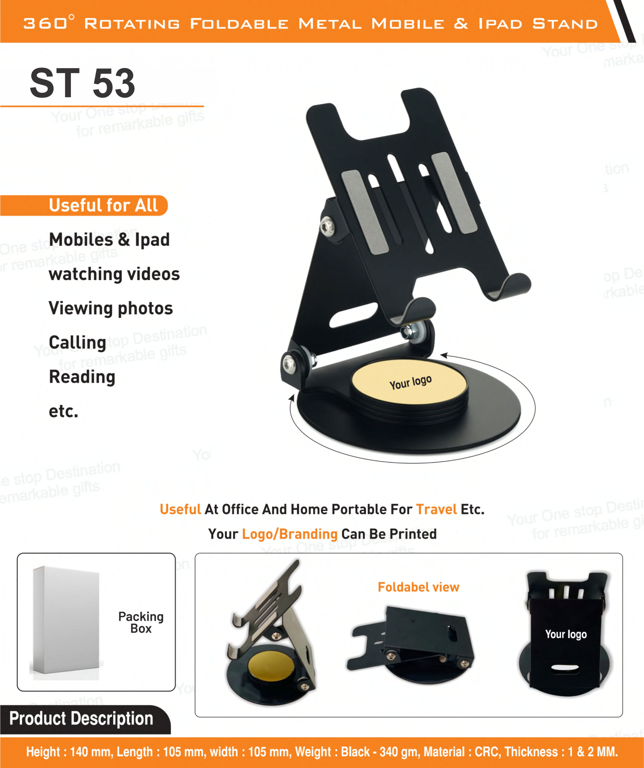 Adjustable foldable mobile stand in matte black finish for branding