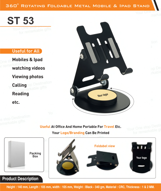 Adjustable foldable mobile stand in matte black finish for branding