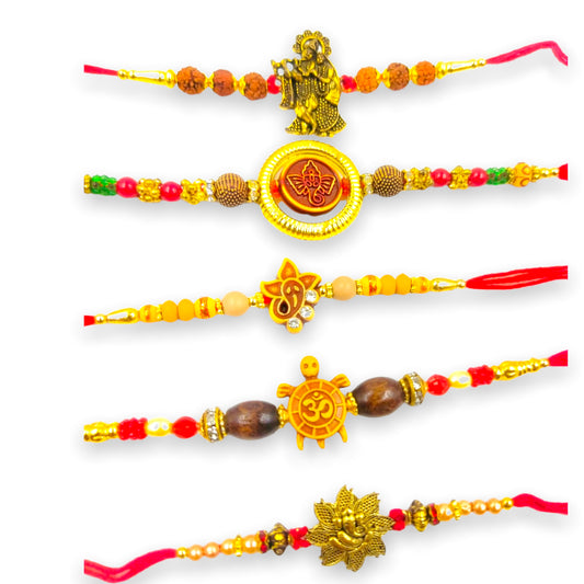 Wrap Shap Set 5: Set of 5 Designer Rakhis - Ganesh, Om, Radha Krishna, Tortoise & More