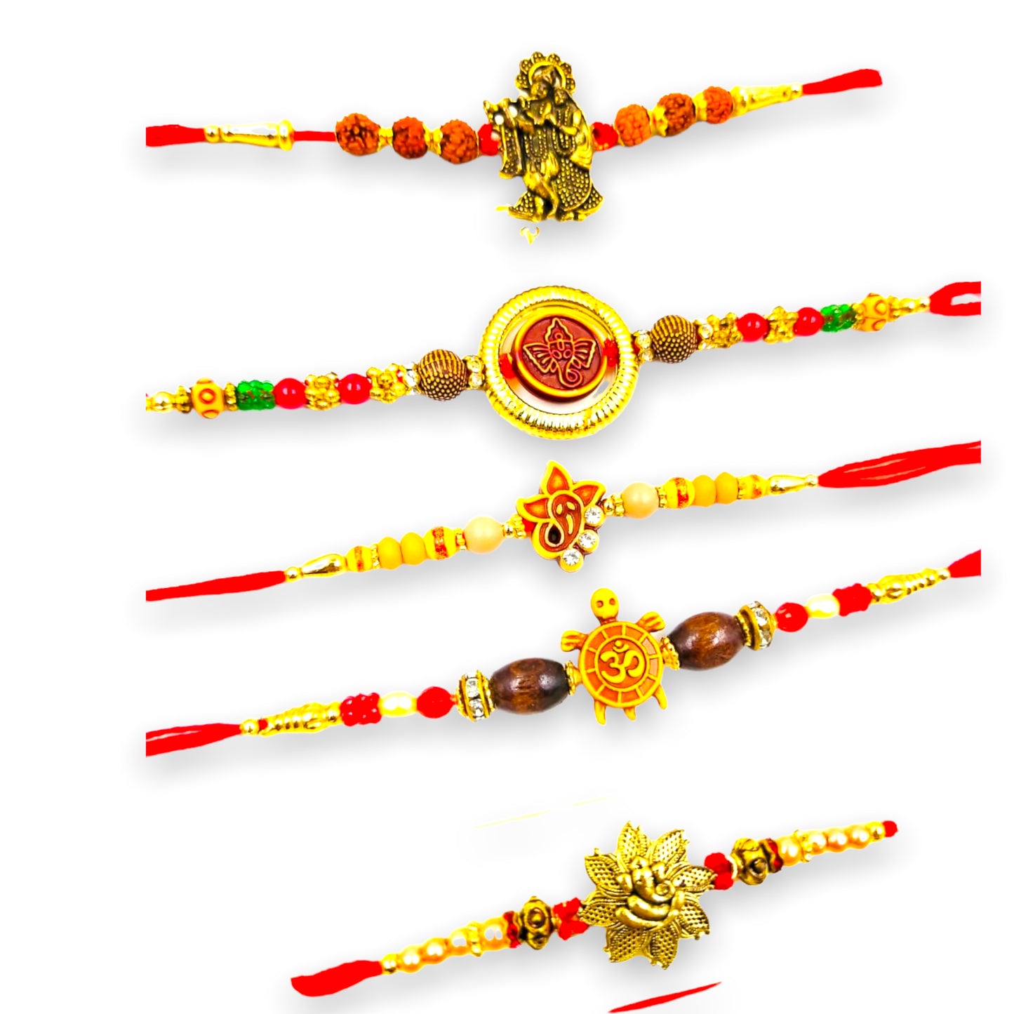 Wrap Shap Set 5: Set of 5 Designer Rakhis - Ganesh, Om, Radha Krishna, Tortoise & More