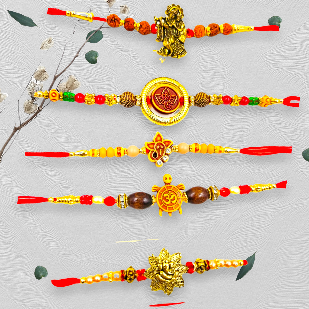 Wrap Shap Set 5: Set of 5 Designer Rakhis - Ganesh, Om, Radha Krishna, Tortoise & More