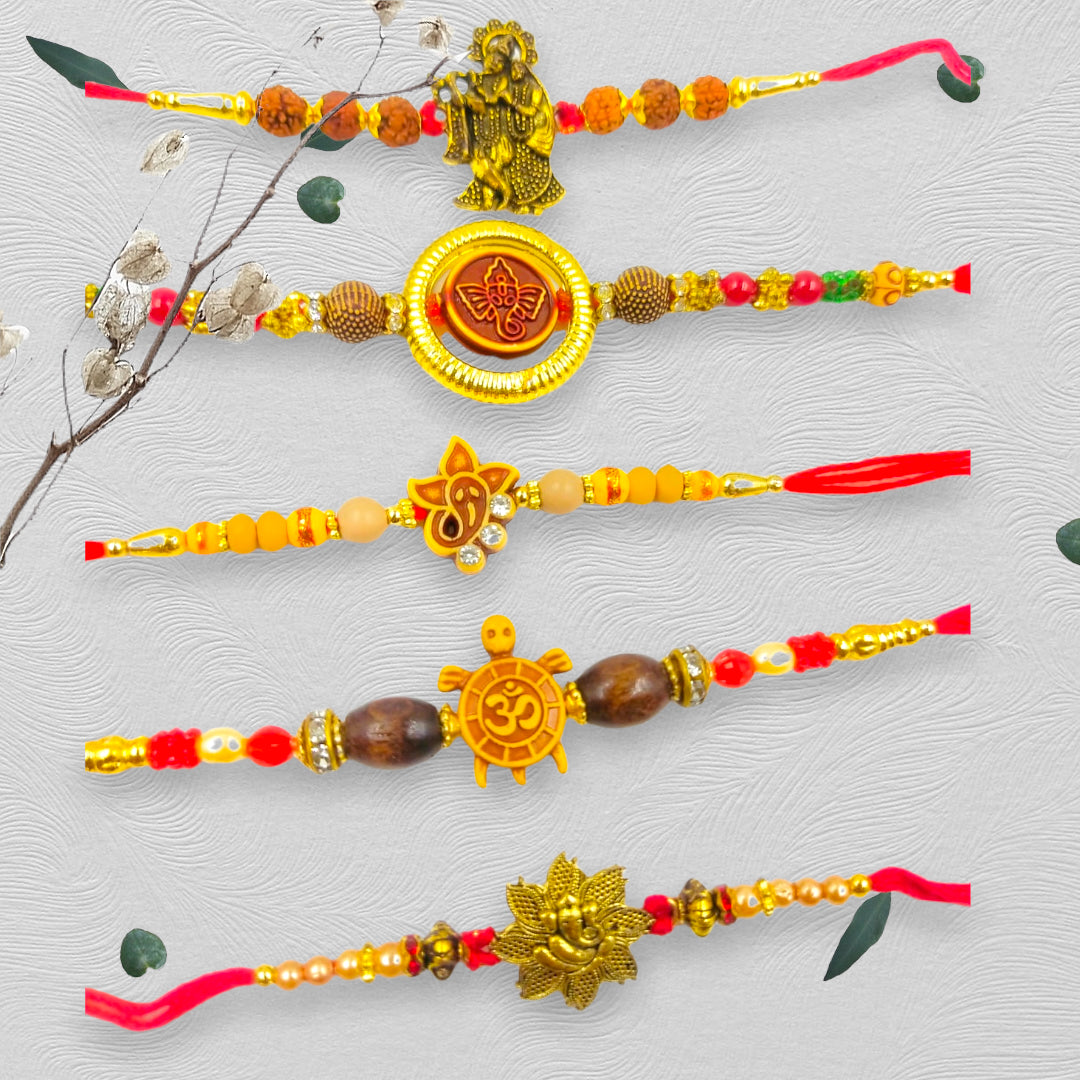 Wrap Shap Set 5: Set of 5 Designer Rakhis - Ganesh, Om, Radha Krishna, Tortoise & More