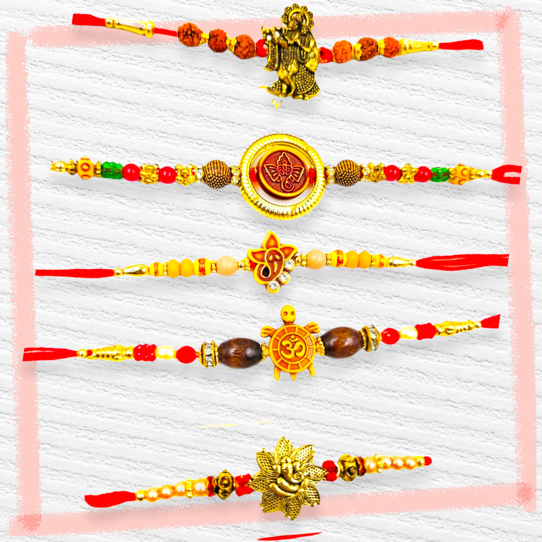 Wrap Shap Set 5: Set of 5 Designer Rakhis - Ganesh, Om, Radha Krishna, Tortoise & More