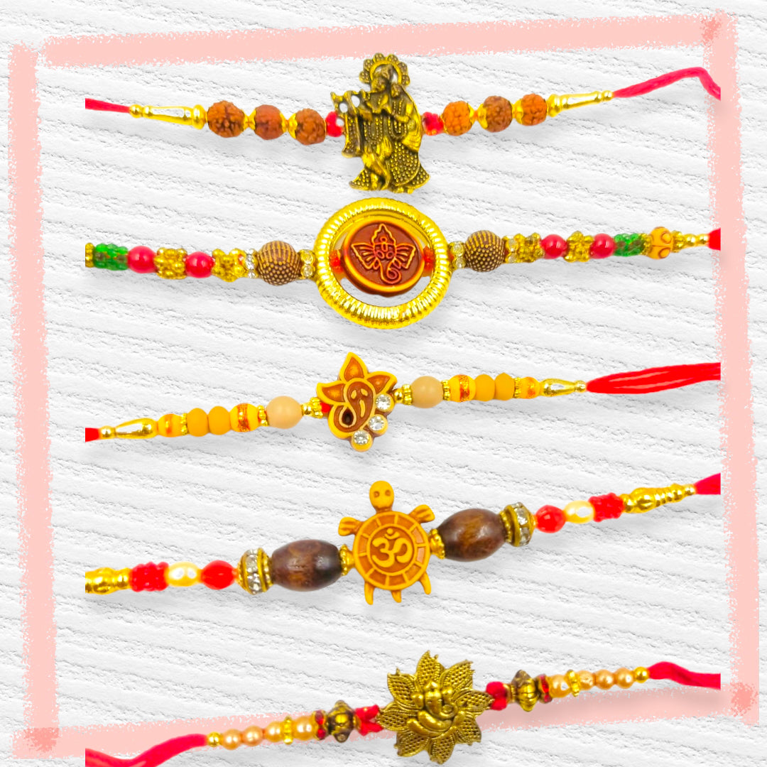 Wrap Shap Set 5: Set of 5 Designer Rakhis - Ganesh, Om, Radha Krishna, Tortoise & More