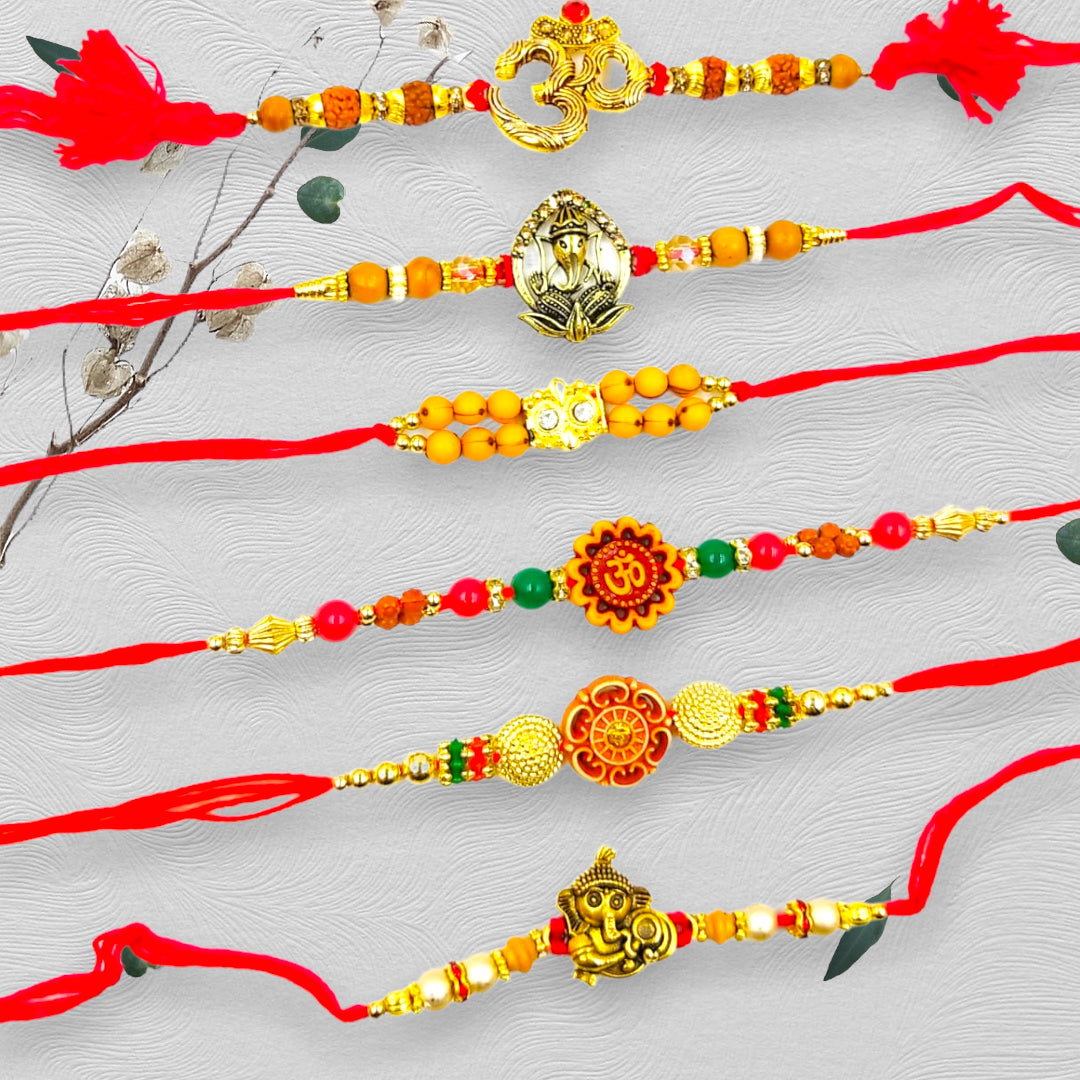 Wrap Shap Combo 6: Set of 6 Premium Designer Rakhis - Ganesh, Om & More