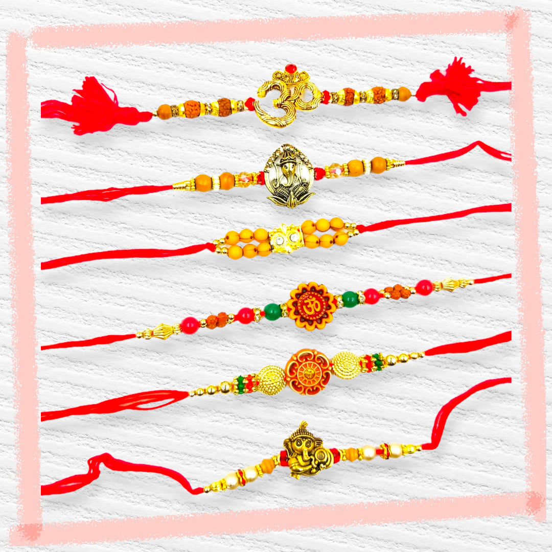 Wrap Shap Combo 6: Set of 6 Premium Designer Rakhis - Ganesh, Om & More