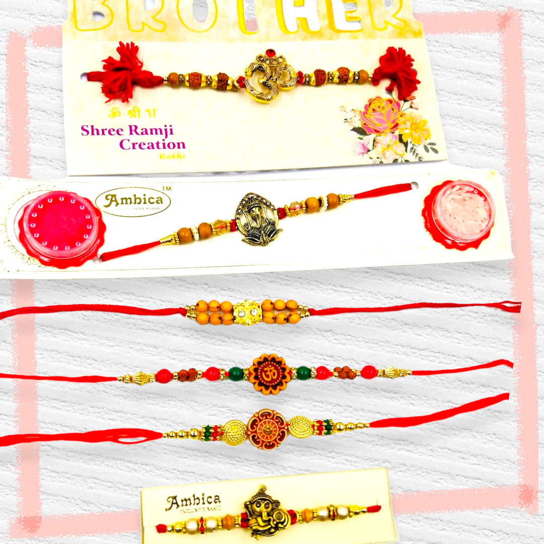 Wrap Shap Combo 6: Set of 6 Premium Designer Rakhis - Ganesh, Om & More