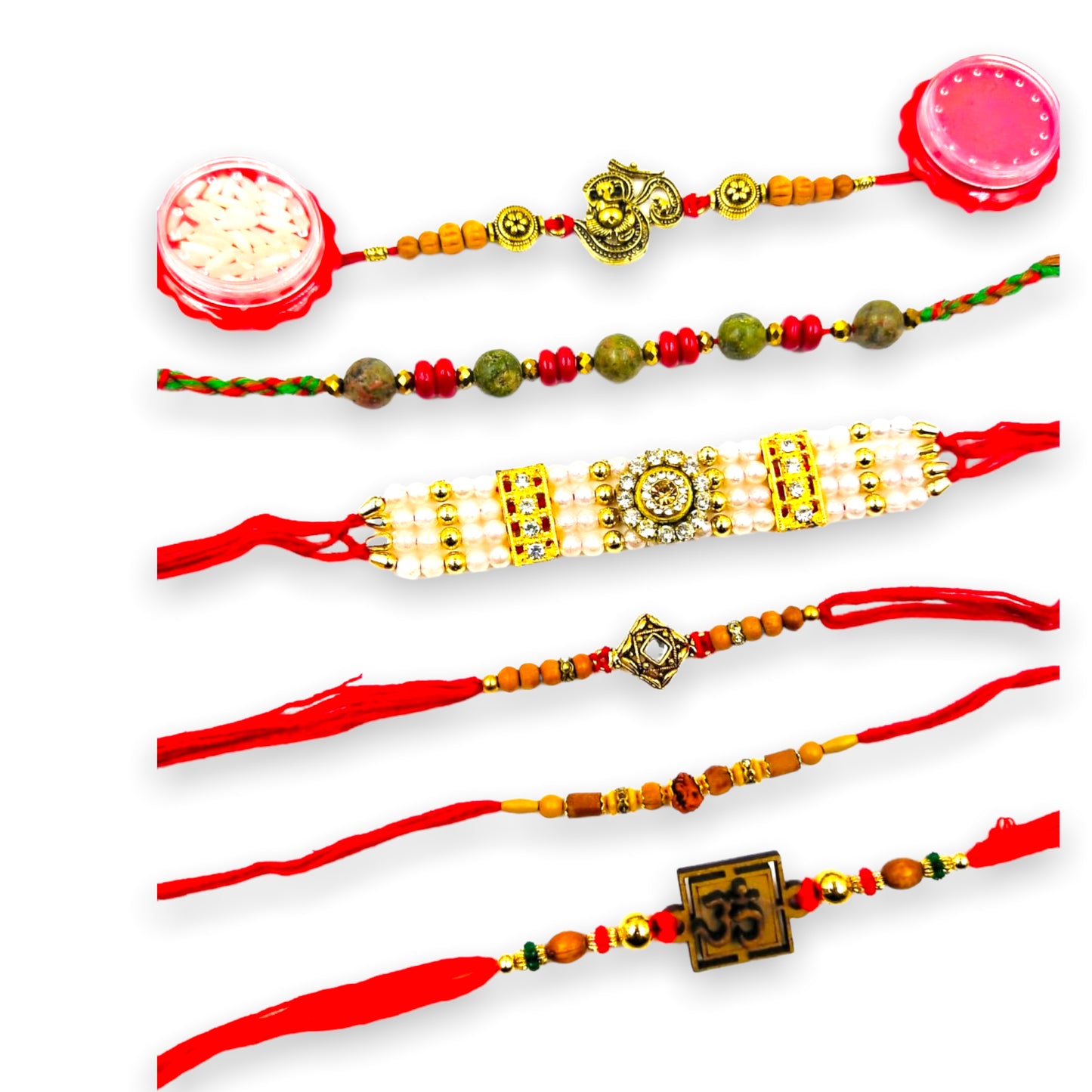 Wrap Shap Combo 7: Set of 6 Premium Designer Rakhis with Roli Chawal - Ganesh, Om & More