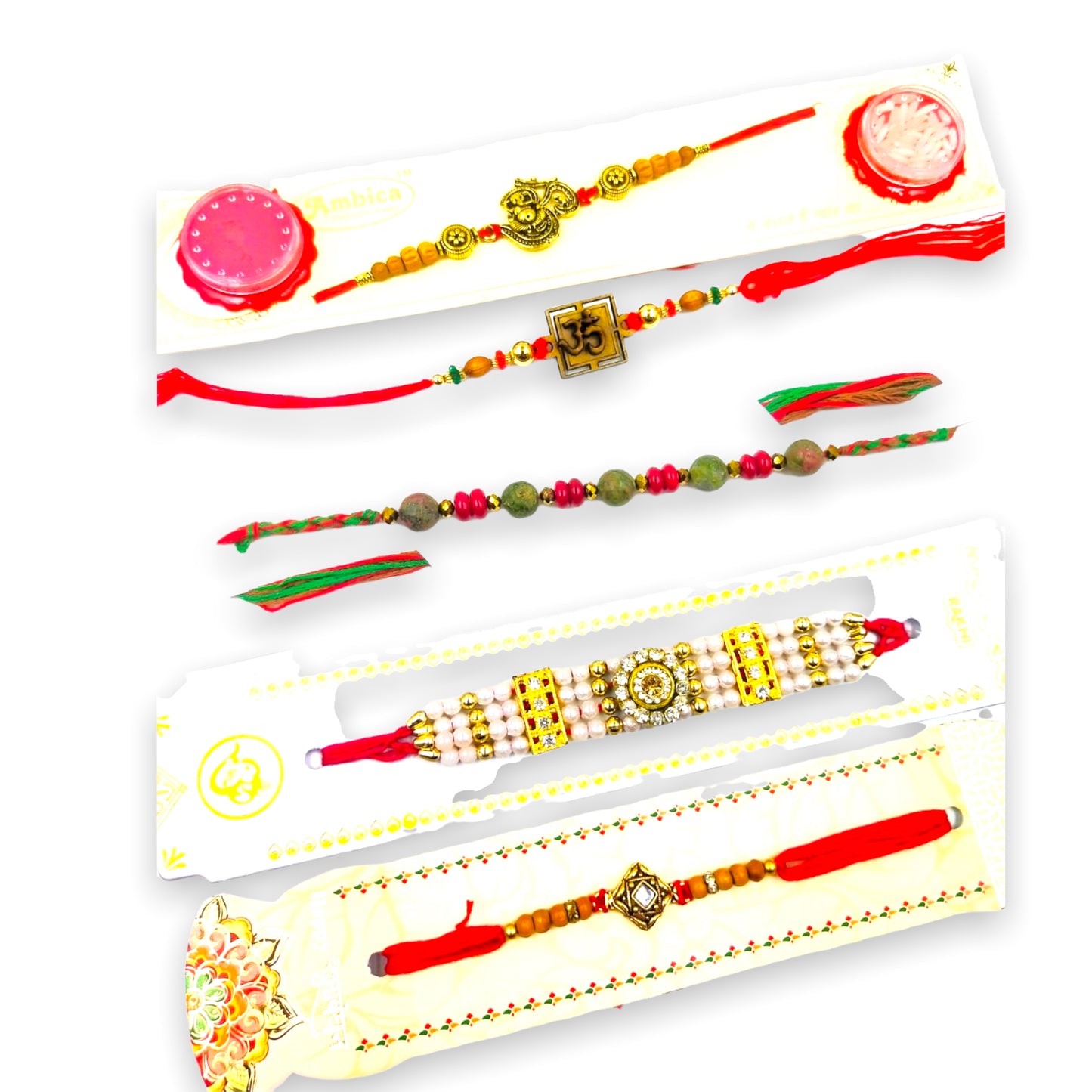 Wrap Shap Combo 7: Set of 6 Premium Designer Rakhis with Roli Chawal - Ganesh, Om & More