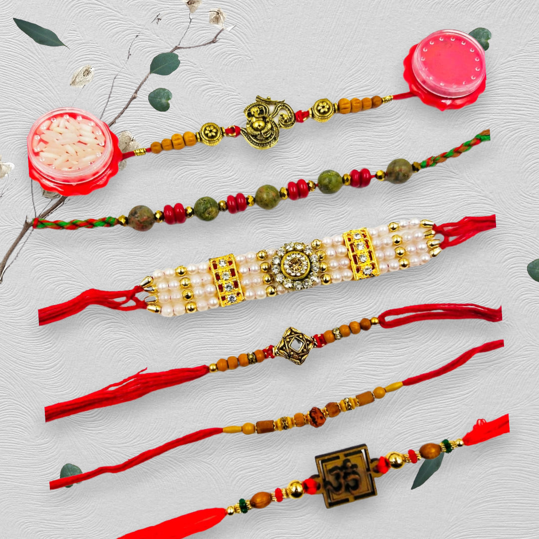 Wrap Shap Combo 7: Set of 6 Premium Designer Rakhis with Roli Chawal - Ganesh, Om & More