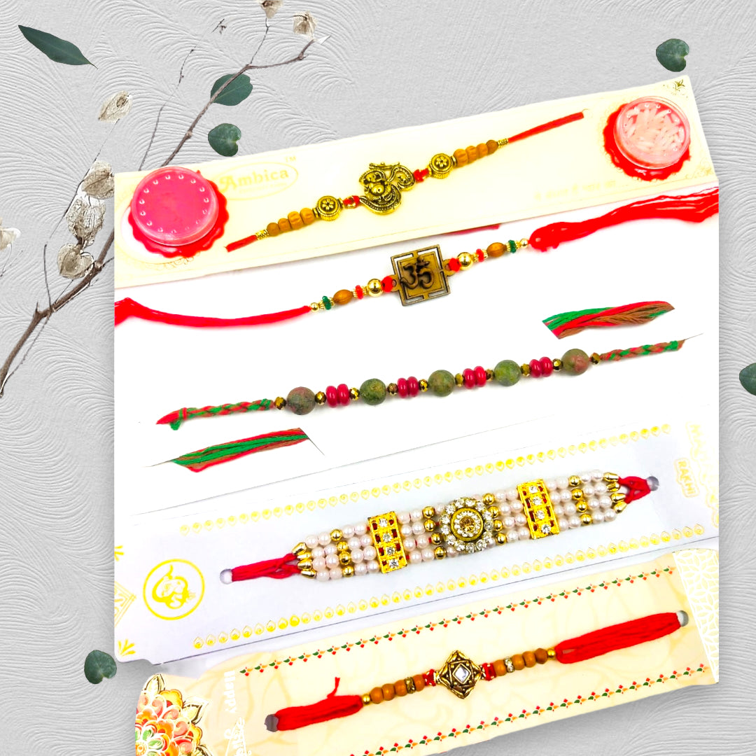 Wrap Shap Combo 7: Set of 6 Premium Designer Rakhis with Roli Chawal - Ganesh, Om & More