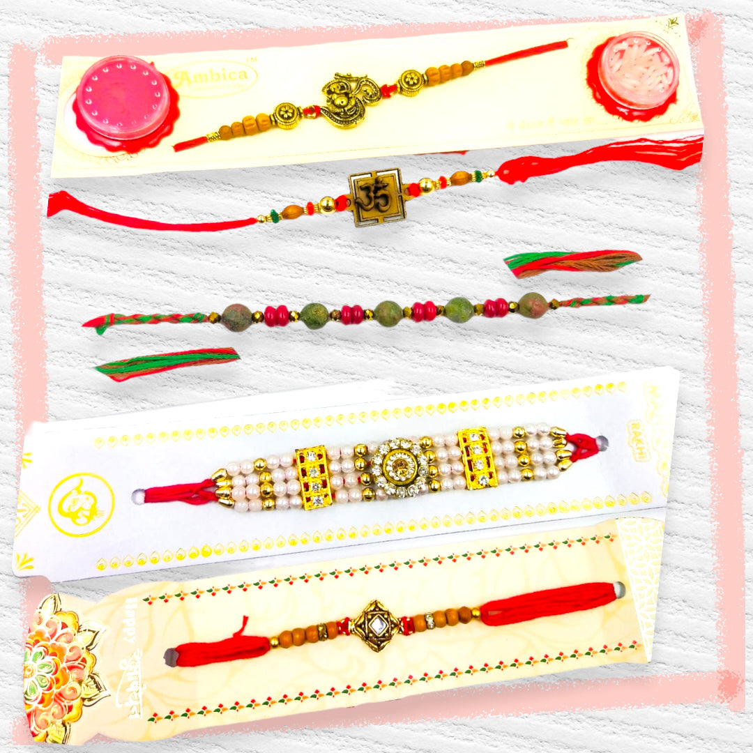 Wrap Shap Combo 7: Set of 6 Premium Designer Rakhis with Roli Chawal - Ganesh, Om & More