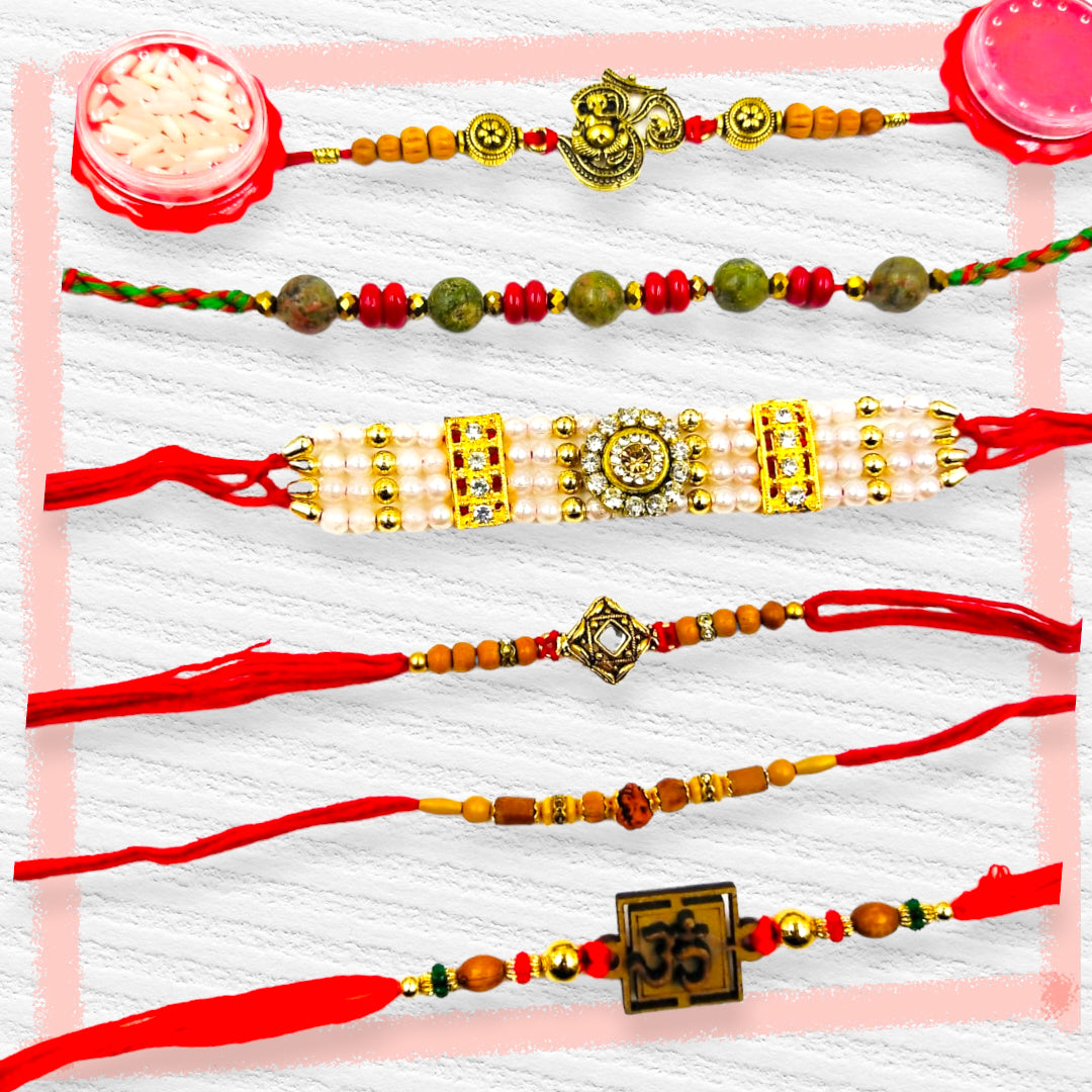 Wrap Shap Combo 7: Set of 6 Premium Designer Rakhis with Roli Chawal - Ganesh, Om & More