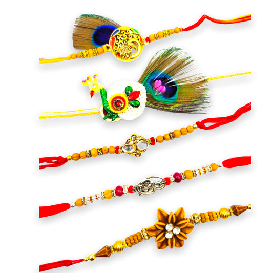 Wrap Shap Combo 8: Set of 5 Premium Designer Rakhis with Roli Chawal - Peacock, Om, Flower & More