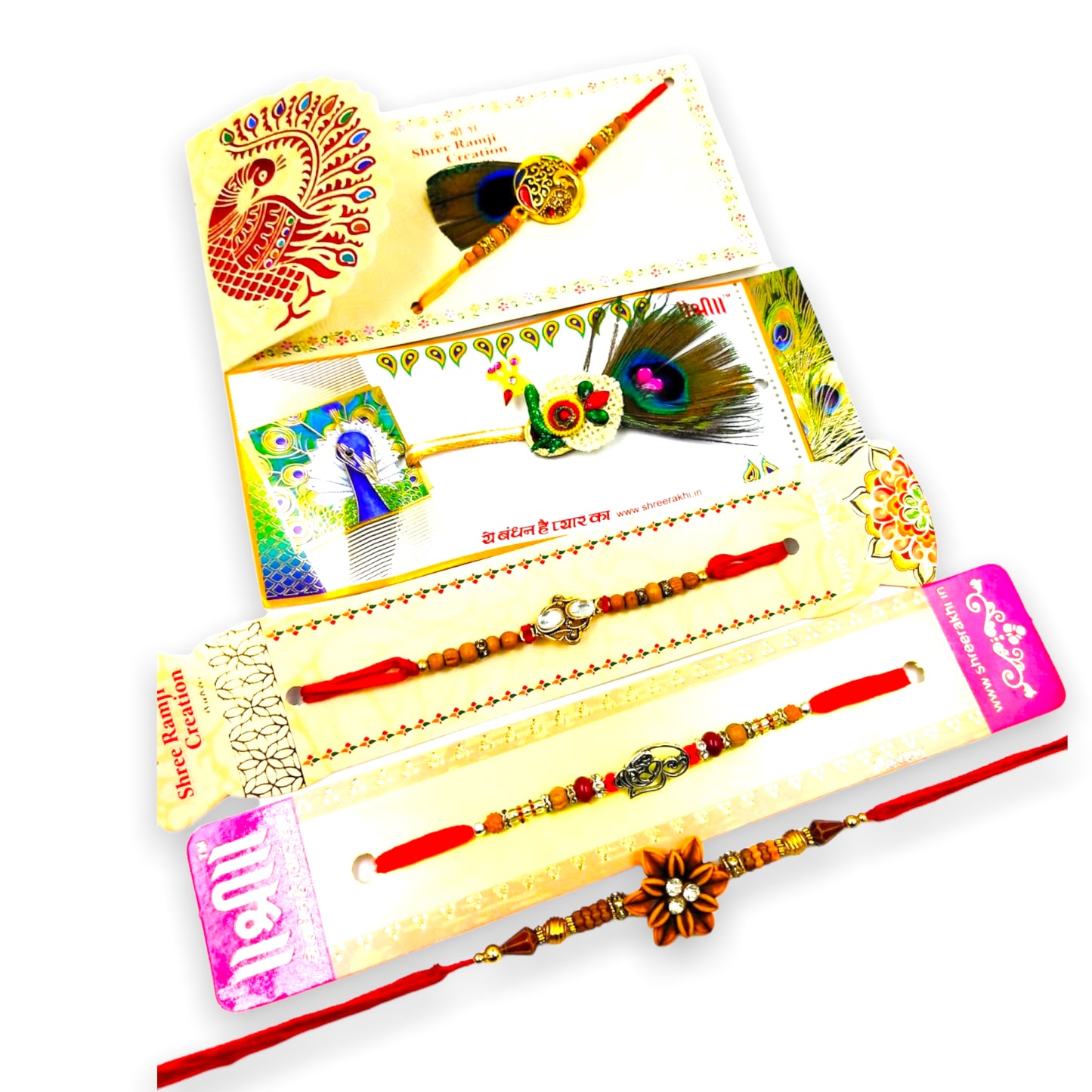 Wrap Shap Combo 8: Set of 5 Premium Designer Rakhis with Roli Chawal - Peacock, Om, Flower & More