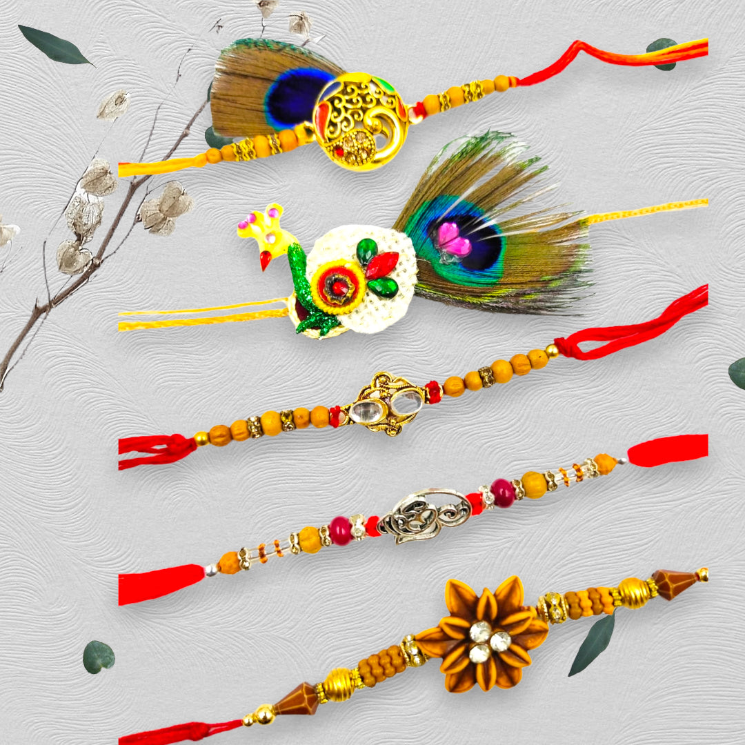 Wrap Shap Combo 8: Set of 5 Premium Designer Rakhis with Roli Chawal - Peacock, Om, Flower & More