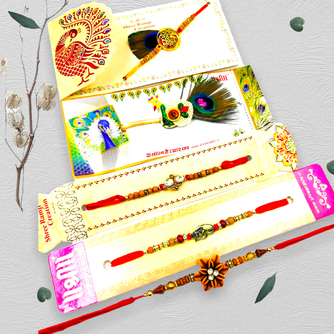 Wrap Shap Combo 8: Set of 5 Premium Designer Rakhis with Roli Chawal - Peacock, Om, Flower & More