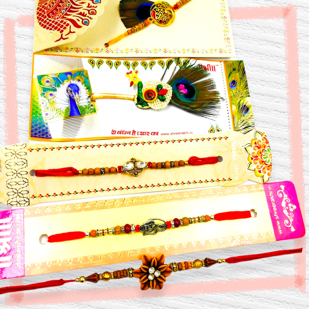 Wrap Shap Combo 8: Set of 5 Premium Designer Rakhis with Roli Chawal - Peacock, Om, Flower & More