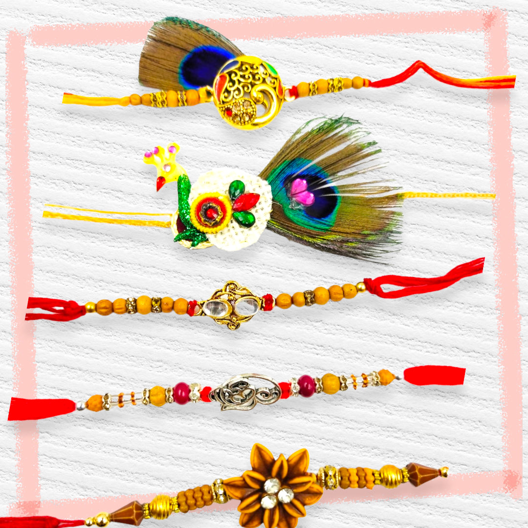 Wrap Shap Combo 8: Set of 5 Premium Designer Rakhis with Roli Chawal - Peacock, Om, Flower & More