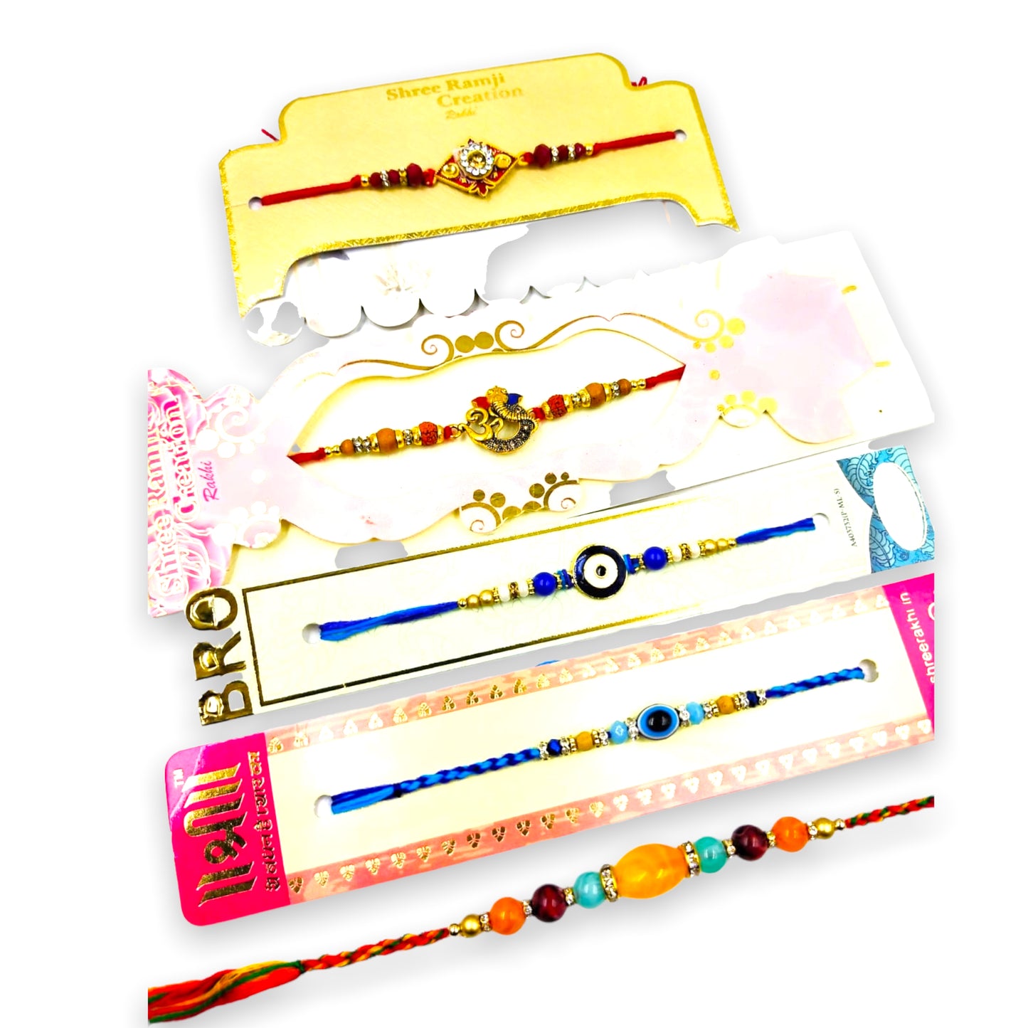 Wrap Shap Combo 9: Set of 5 Elegant Designer Rakhis with Roli Chawal - Evil Eye, Om, Ganesh & More