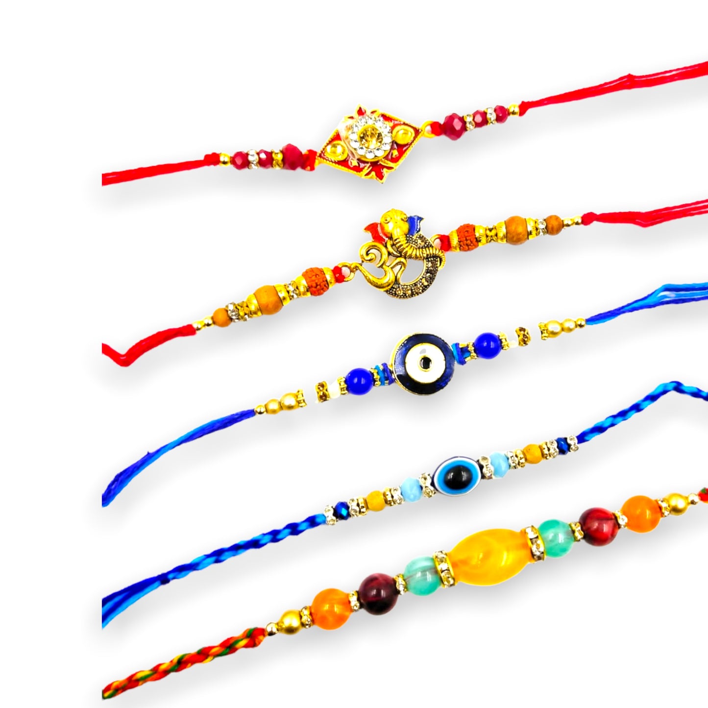 Wrap Shap Combo 9: Set of 5 Elegant Designer Rakhis with Roli Chawal - Evil Eye, Om, Ganesh & More