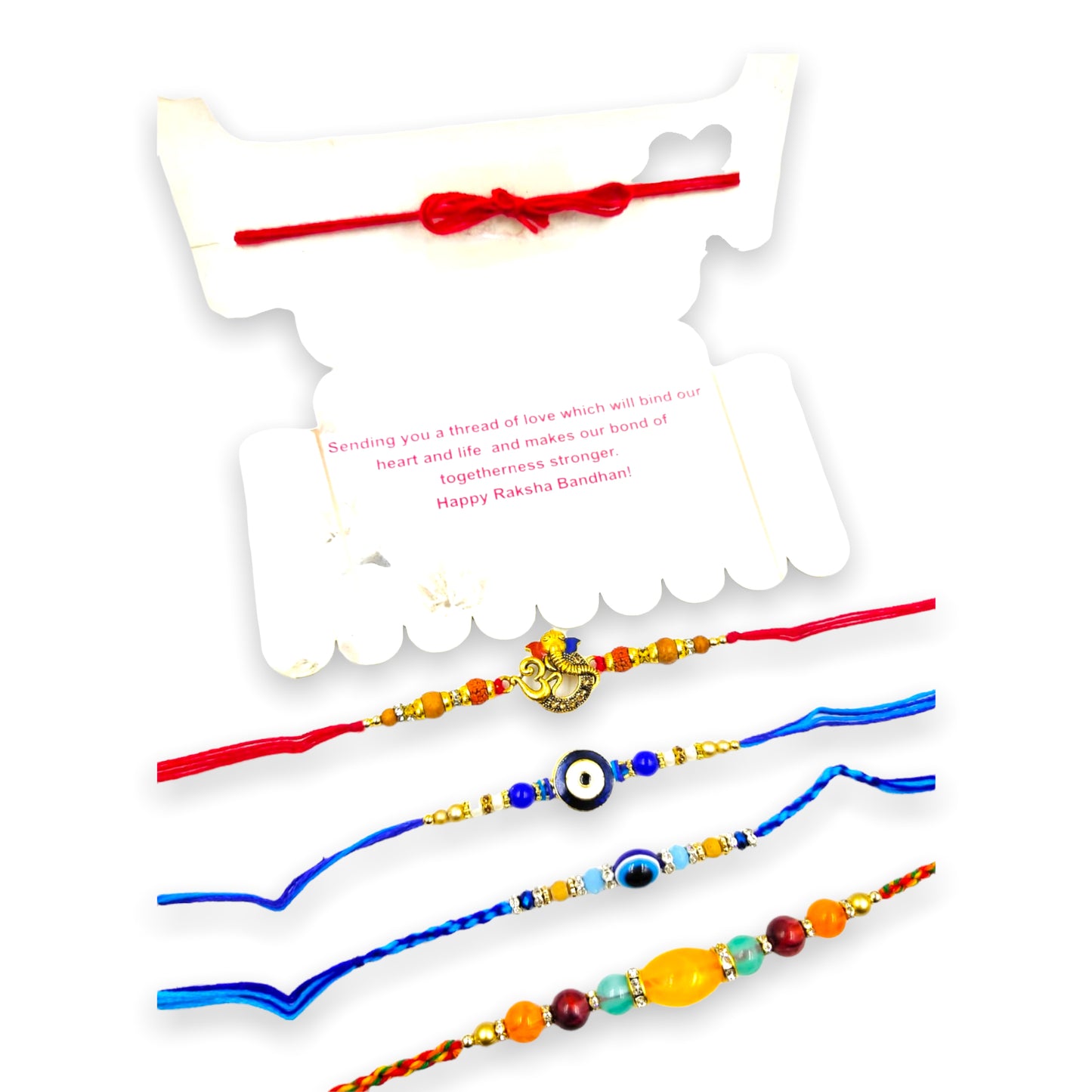 Wrap Shap Combo 9: Set of 5 Elegant Designer Rakhis with Roli Chawal - Evil Eye, Om, Ganesh & More