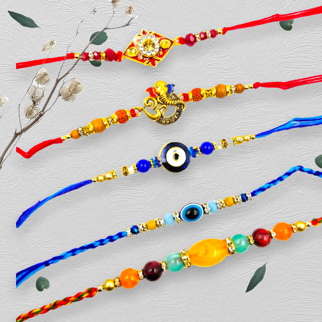 Wrap Shap Combo 9: Set of 5 Elegant Designer Rakhis with Roli Chawal - Evil Eye, Om, Ganesh & More