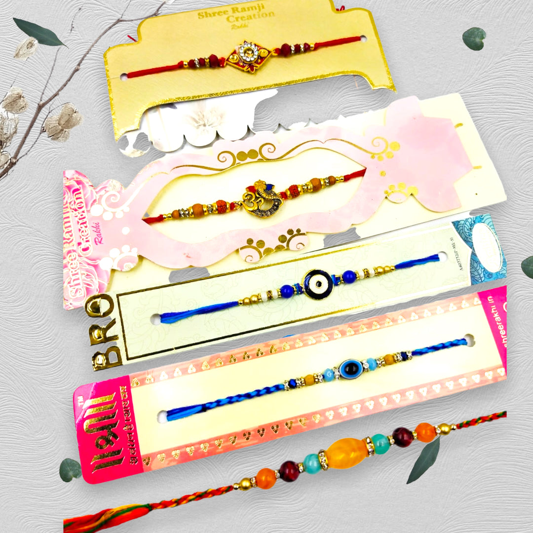 Wrap Shap Combo 9: Set of 5 Elegant Designer Rakhis with Roli Chawal - Evil Eye, Om, Ganesh & More