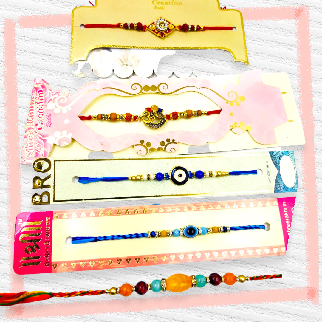 Wrap Shap Combo 9: Set of 5 Elegant Designer Rakhis with Roli Chawal - Evil Eye, Om, Ganesh & More