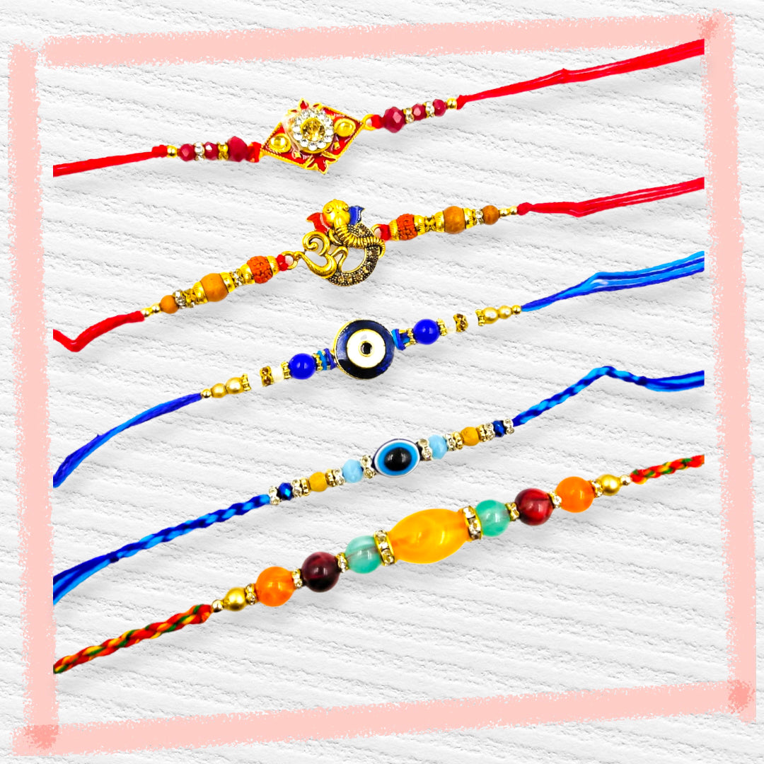 Wrap Shap Combo 9: Set of 5 Elegant Designer Rakhis with Roli Chawal - Evil Eye, Om, Ganesh & More